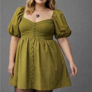 Olive Puff-Sleeve Button-Front Mini Dress
